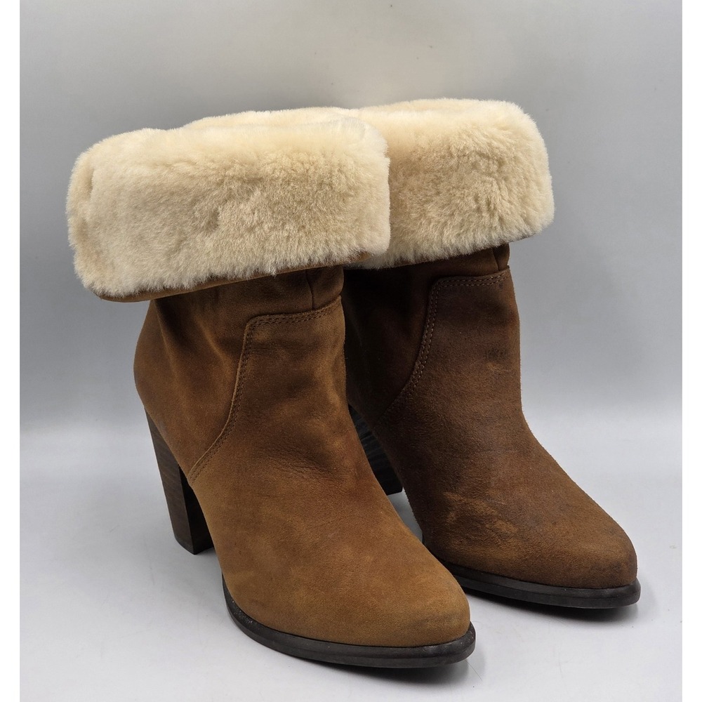 UGG Layna Suede Shearling Foldover High Heel Boots Brown Women's 6